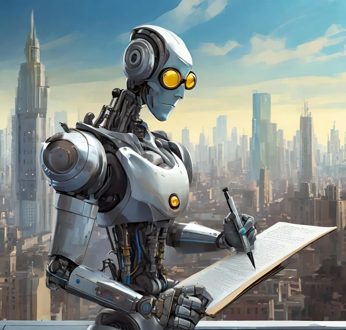 Un cyborg fait une relecture et correction de manuscrit - Image générée par IA - prompt Florent Salem