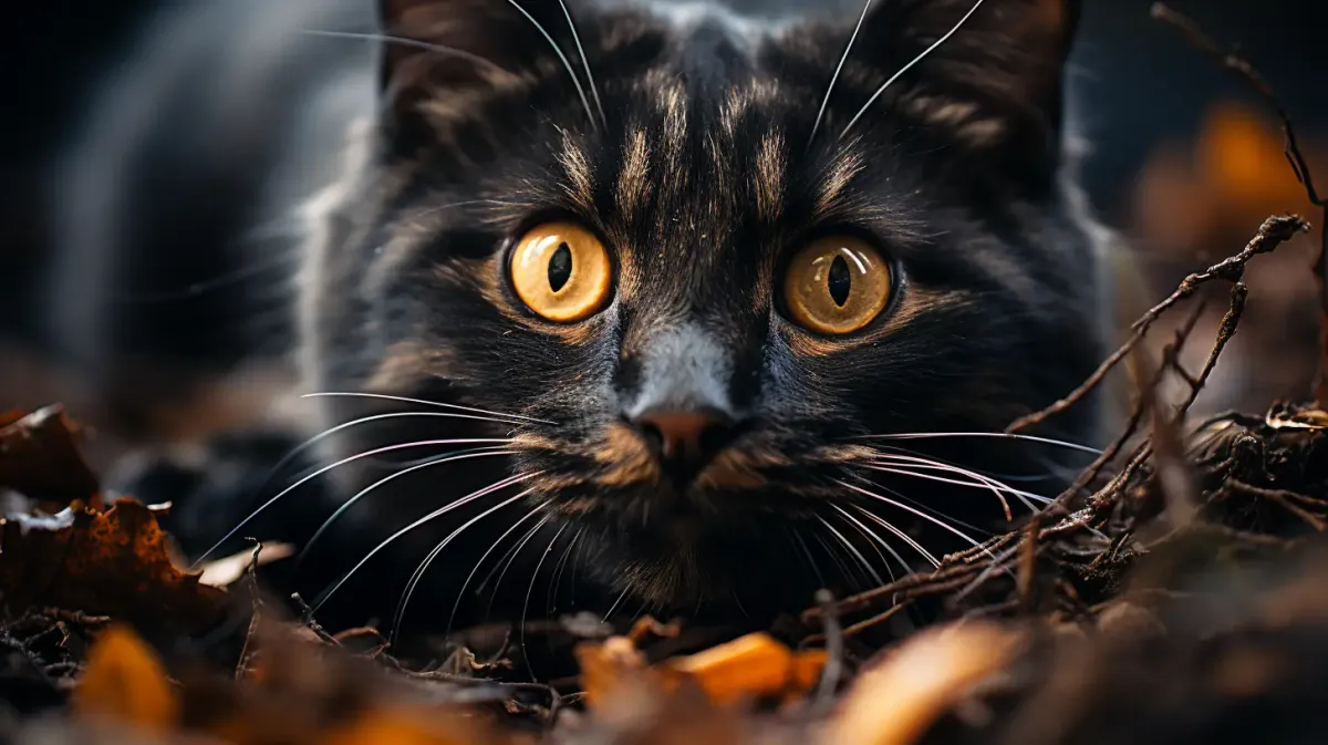 Chat noir dans les feuilles mortes - Image générée par IA source Lummi