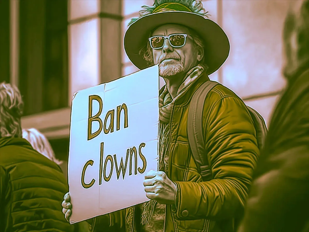 Un manifestant sarcastique avec un panneau "Ban Clowns" - Image issue de Lummi