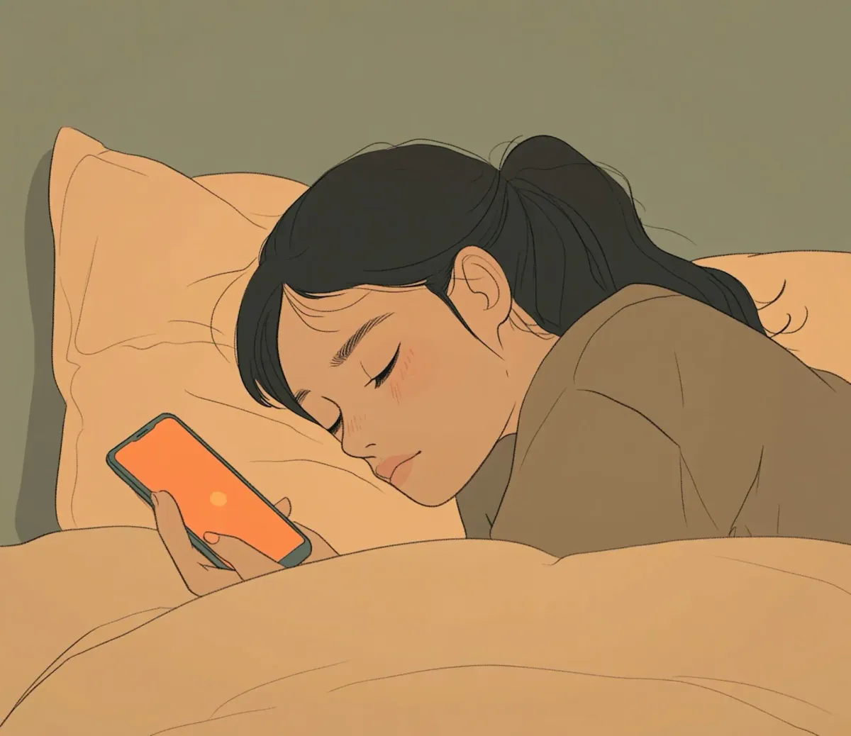 Une jeune femme dort avec son smartphone - Image créée par IA par Viri Gutiérrez - Source Lummi