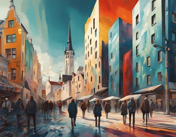 Rue de Tallinn avec piétons, version futuriste - Création IA - Prompt par Florent Salem