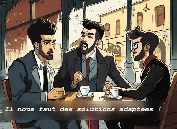 Trois hommes discutent affaires et logiciels à un café. Image à l'esthétique BD générée avec l'IA Firefly.