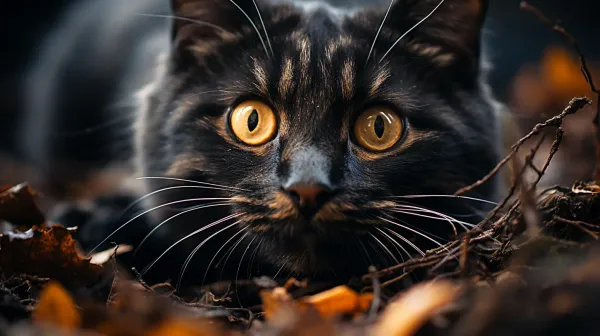 Chat noir dans les feuilles mortes - Image générée par IA source Lummi