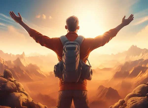 Un homme déconnecté vu de dos avec un sac face au soleil - Image générée par IA Adobe Firefly