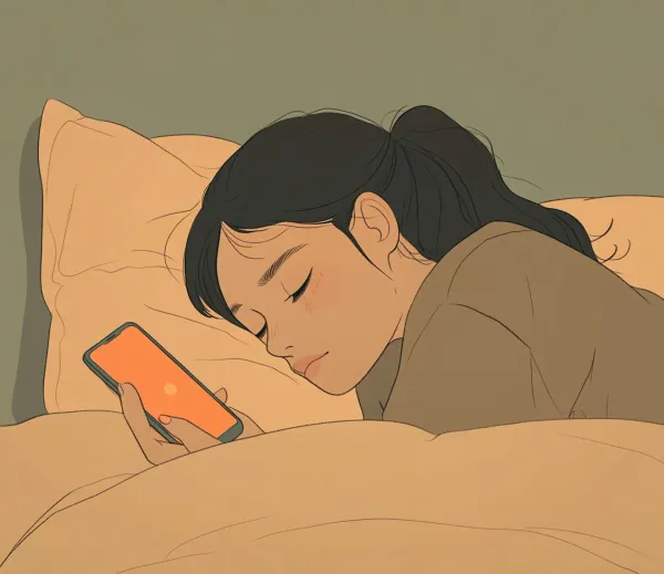 Une jeune femme dort avec son smartphone - Image créée par IA par Viri Gutiérrez - Source Lummi