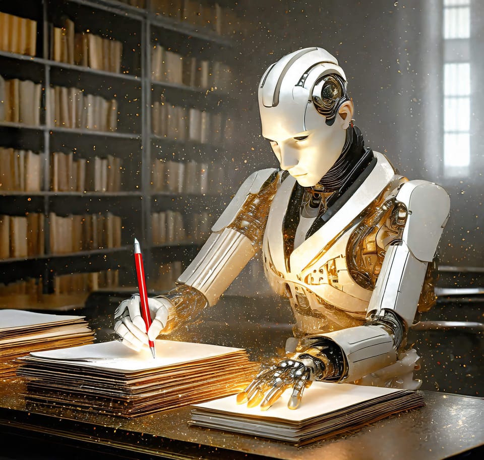 Cyborg en train de corriger un texte en bibliothèque - Illustration générée par IA - Création Florent Salem